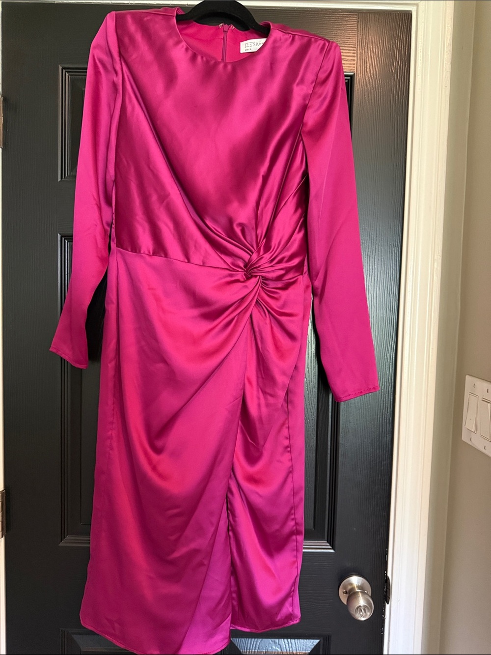 IEENA for Mac Duggal Magenta Satin Twist Front Long Sleeve Midi Dress Size 10